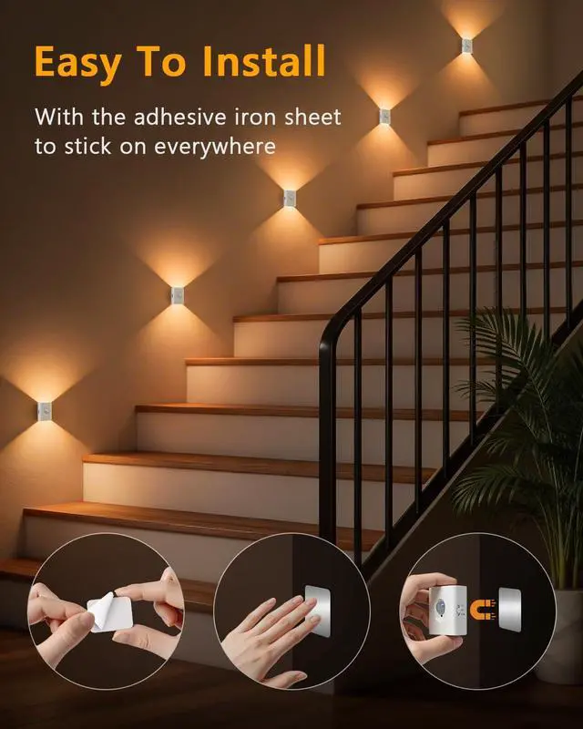 Alt view image 6 of 7 - Rechargeable Motion Sensor Night Lights for Stairs, 10 Pack Wireless Magnetic Stick-On Battery Lights for Hallway, Bedroom, Closet, Kitchen