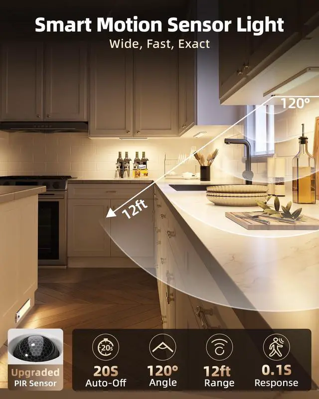 Alt view image 3 of 7 - 5-Pack Under Cabinet Lighting, 2400mAh Motion Sensor Light, LED Closet Lights Wireless, 3000K Dimmable, Timer, Magnetic, with Remote Control for Kitchen, Closet, Stair