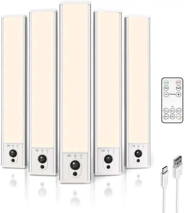 Main image of 5-Pack Under Cabinet Lighting, 2400mAh Motion Sensor Light, LED Closet Lights Wireless, 3000K Dimmable, Timer, Magnetic, with Remote Control for Kitchen, Closet, Stair