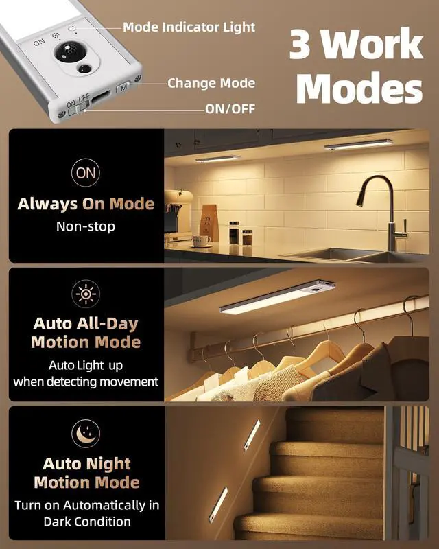 Alt view image 7 of 7 - 5-Pack Under Cabinet Lighting, 2400mAh Motion Sensor Light, LED Closet Lights Wireless, 3000K Dimmable, Timer, Magnetic, with Remote Control for Kitchen, Closet, Stair