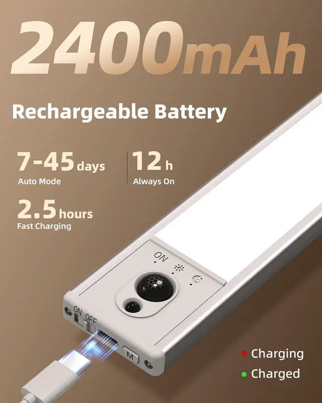 Alt view image 4 of 7 - 5-Pack Under Cabinet Lighting, 2400mAh Motion Sensor Light, LED Closet Lights Wireless, 3000K Dimmable, Timer, Magnetic, with Remote Control for Kitchen, Closet, Stair