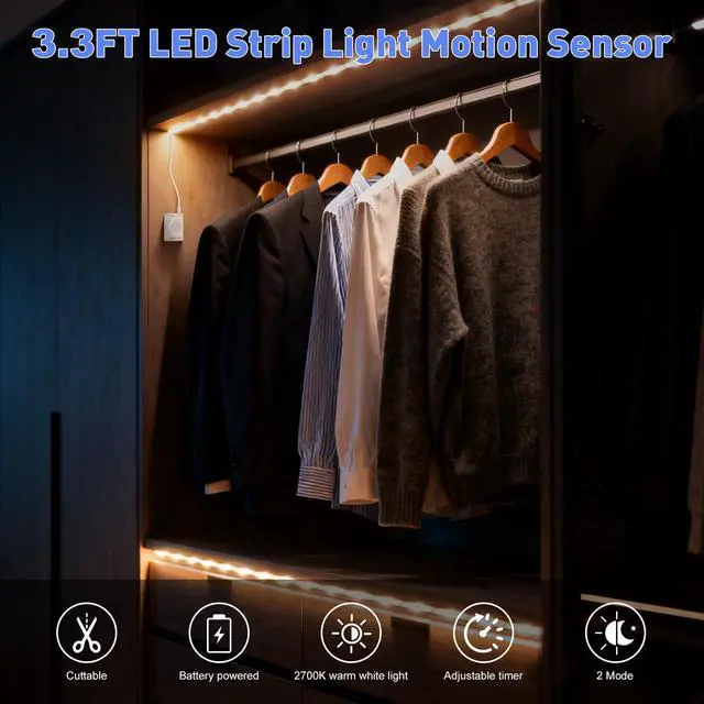Alt view image 3 of 7 - Rechargeable Motion Sensor Wardrobe Light, 3.3ft Flexible LED Strip with 30LED, PIR and Light Sensor, Warm White Night Light for Bedroom, Kitchen, Wall, Closet, Cabinet
