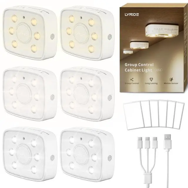Main image of Motion Sensor Under Cabinet Lights, Wireless Group Sync Stair Lights (6 Pack), 4000mAh Rechargeable Battery, 4 Color Temps & Dimmable, Magnetic Stick-on Night Light for Kitchen, Closet, Hallway