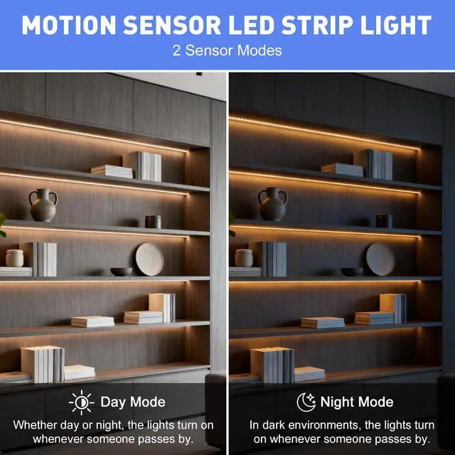 Alt view image 4 of 7 - Rechargeable Motion Sensor Wardrobe Light, 3.3ft Flexible LED Strip with 30LED, PIR and Light Sensor, Warm White Night Light for Bedroom, Kitchen, Wall, Closet, Cabinet