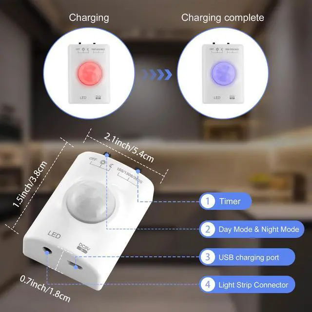 Alt view image 7 of 7 - Rechargeable Motion Sensor Wardrobe Light, 3.3ft Flexible LED Strip with 30LED, PIR and Light Sensor, Warm White Night Light for Bedroom, Kitchen, Wall, Closet, Cabinet