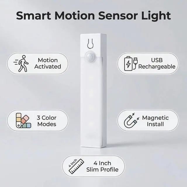 Alt view image 5 of 7 - Rechargeable Motion Sensor LED Light Bar (3.9 Inch) - Wireless Magnetic Stick-On Night Light for Kitchen Stairs - 3 Color Modes Under Cabinet Lighting - Punch-Free Closet Bedroom Light