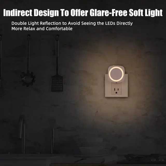 Alt view image 3 of 7 - LED Night Lights Plug into Wall, Indirect Soft Dimmable Night Light with Dust to Dawn Sensor, Warm Nightlight for Bedroom,Bathroom,Kitchen,Stairs,Hallway,Travel, 4 Packs, Warm White