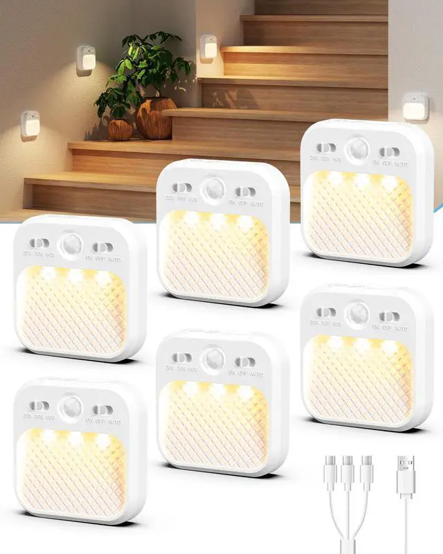 Main image of 6 Pack Motion Sensor Night Light,Motion Sensor Light Indoor,1000mAh Battery Operated Night Light for Hallway, 3 Colors Dimmable,Magnetic Closet Lights,Under Counter Lights for Kitchen