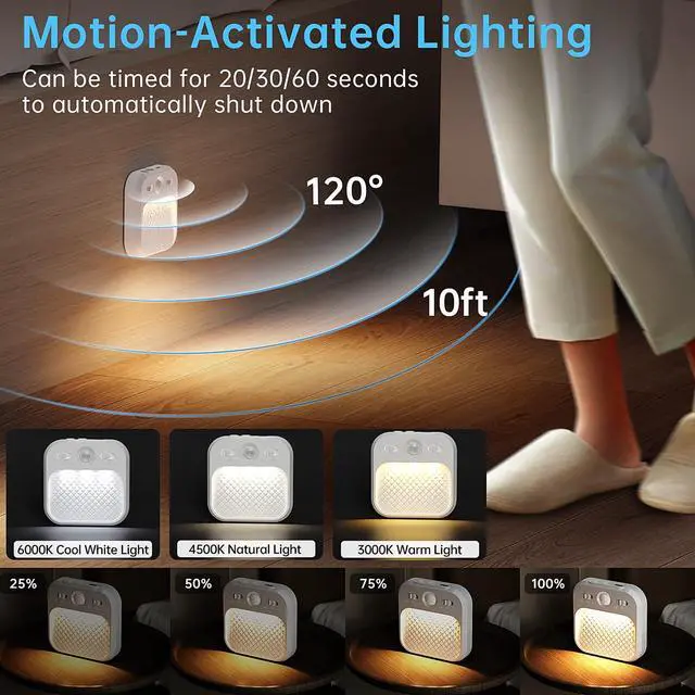 Alt view image 5 of 7 - 6 Pack Motion Sensor Night Light,Motion Sensor Light Indoor,1000mAh Battery Operated Night Light for Hallway, 3 Colors Dimmable,Magnetic Closet Lights,Under Counter Lights for Kitchen