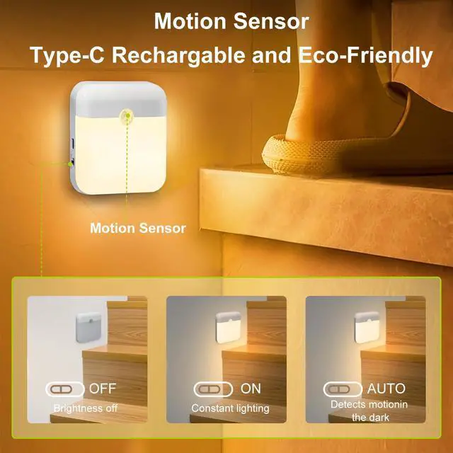 Alt view image 3 of 7 - 2 Pack Motion Sensor Night Light, Rechargeable Battery Night Lights Warm White, Portable Mini Motion Activated Night Light for Wall, Hallway, Kids Room, Stairway, Cabinet
