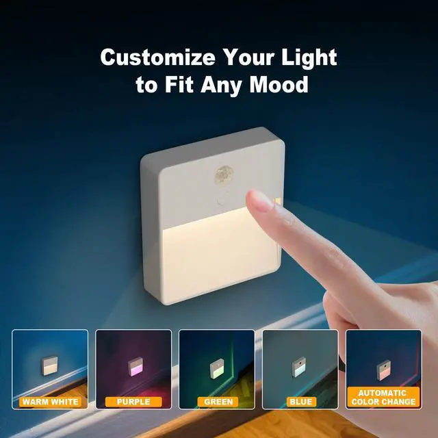 Alt view image 2 of 7 - LED Night Light with Motion & Dusk Sensor, 2-Pack, Battery-Powered & Rechargeable, Multi-Color, Dimmable, for Bedroom, Stairway, Closet