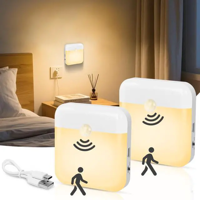 Main image of 2 Pack Motion Sensor Night Light, Rechargeable Battery Night Lights Warm White, Portable Mini Motion Activated Night Light for Wall, Hallway, Kids Room, Stairway, Cabinet
