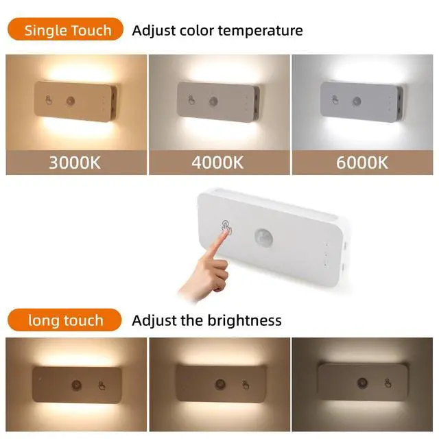 Alt view image 3 of 6 - Led Motion Sensor Night Light 2 Pack, Rechargeable Stair Light 1100mAh, Dimmable Hallway Lights with 3 Color Temperature, Magnetic Locker Lights for Closet Hallway Bedroom