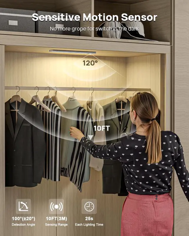 Alt view image 3 of 7 - Under Cabinet Lighting with Remote Control,2500mAh USB Rechargeable Motion Sensor Light Indoor,350 Lumen LED Closet Lights,3 Color Temps Wireless Under Counter Lights for Kitchen,Pantry, Stair, 4 Pack