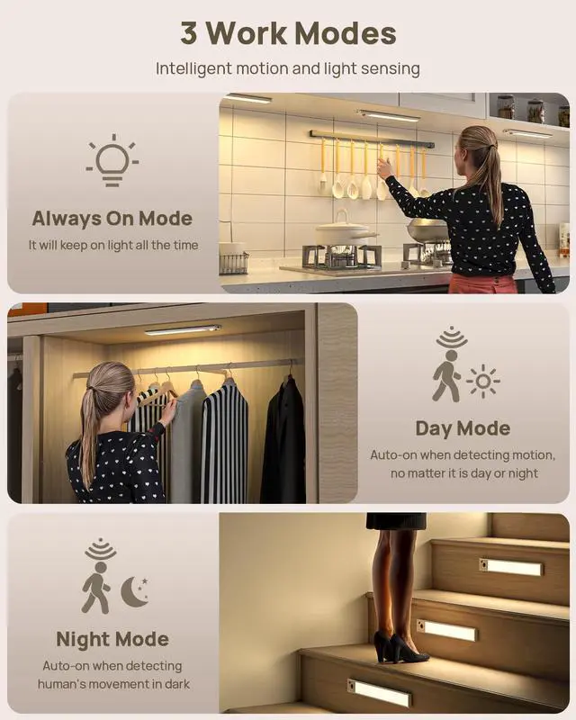 Alt view image 7 of 7 - Under Cabinet Lighting with Remote Control,2500mAh USB Rechargeable Motion Sensor Light Indoor,350 Lumen LED Closet Lights,3 Color Temps Wireless Under Counter Lights for Kitchen,Pantry, Stair, 4 Pack