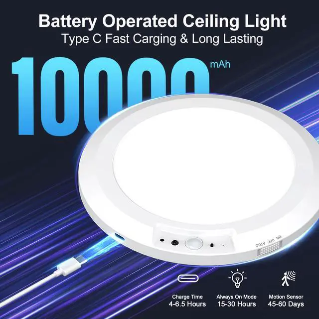 Alt view image 2 of 7 - Rechargeable Ceiling Light with Motion Sensor: Battery Operated LED Closet Light with Remote & Timing - Wireless Dimmable Magnetic Mount Shower Lamp for Bathroom/Stairs/Garage/Hallway
