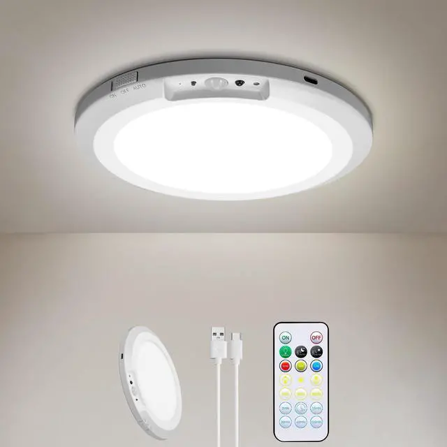 Main image of Rechargeable Motion Sensor Ceiling Light Indoor Outdoor w/Remote, 7.08 Inch Battery Operated Flush Mount Ceiling Light 3000K 4000K 6000K 400LM Dimmable for Closet Hallway Laundry Stairs (1)