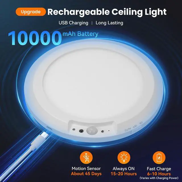Alt view image 2 of 7 - Rechargeable Motion Sensor Ceiling Light Indoor Outdoor w/Remote, 7.08 Inch Battery Operated Flush Mount Ceiling Light 3000K 4000K 6000K 400LM Dimmable for Closet Hallway Laundry Stairs (1)