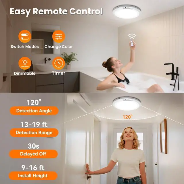 Alt view image 4 of 7 - Rechargeable Motion Sensor Ceiling Light Indoor Outdoor w/Remote, 7.08 Inch Battery Operated Flush Mount Ceiling Light 3000K 4000K 6000K 400LM Dimmable for Closet Hallway Laundry Stairs (1)