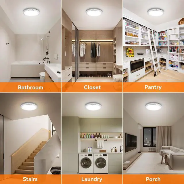 Alt view image 3 of 7 - Rechargeable Motion Sensor Ceiling Light Indoor Outdoor w/Remote, 7.08 Inch Battery Operated Flush Mount Ceiling Light 3000K 4000K 6000K 400LM Dimmable for Closet Hallway Laundry Stairs (1)