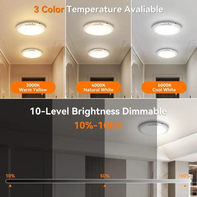 Alt view image 5 of 7 - Rechargeable Motion Sensor Ceiling Light Indoor Outdoor w/Remote, 7.08 Inch Battery Operated Flush Mount Ceiling Light 3000K 4000K 6000K 400LM Dimmable for Closet Hallway Laundry Stairs (1)