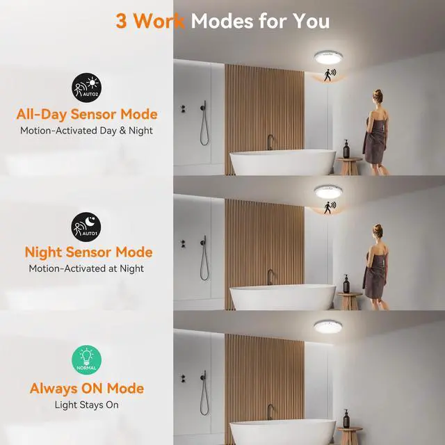 Alt view image 6 of 7 - Rechargeable Motion Sensor Ceiling Light Indoor Outdoor w/Remote, 7.08 Inch Battery Operated Flush Mount Ceiling Light 3000K 4000K 6000K 400LM Dimmable for Closet Hallway Laundry Stairs (1)
