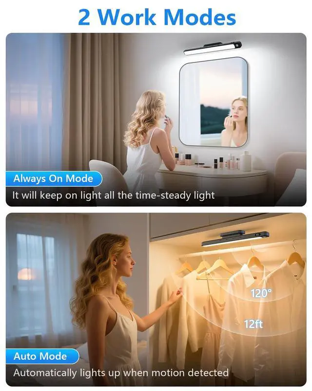 Alt view image 3 of 7 - 3W Motion Sensor Magnetic Light Bar,Eye-Friendly Rechargeable Closet Lights with Battery Display,2000mAh Vanity Lights for Mirror, Rechargeable Light Bar for Cabinet, Closet, Bathroom and Desk