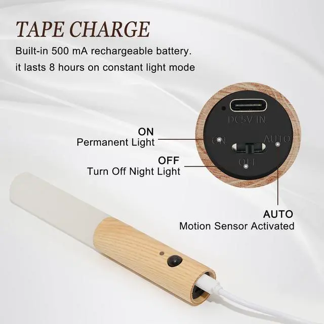 Alt view image 4 of 7 - Motion Sensor Night Light, Motion Activated Night Light,Wall Lights Battery Operated,Rechargeable Wall Lights,Suitable for Kids BathroomCorridors, Closet Stairs (White Ash Wood 1PC)