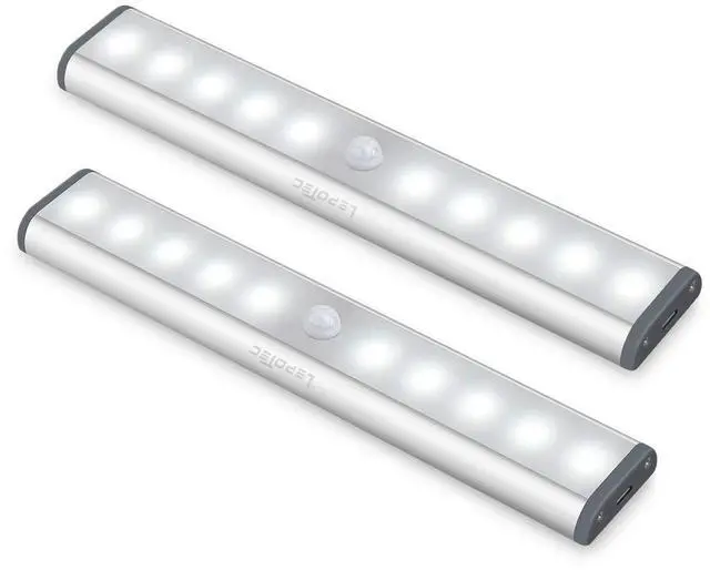 Main image of Wireless Motion Sensor Cabinet Lights 10-LED USB Rechargeable Closet Lights LED Under Cabinet Lighting for Wardrobe/Drawer/Stairs/Cupboard/Counter/Pantry/Stairs,Stick On Anywhere,2 Pack,White Light