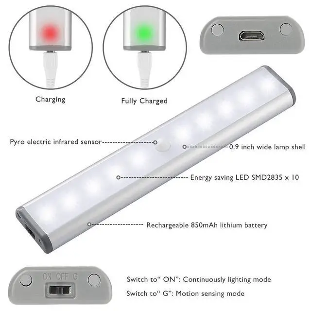 Alt view image 2 of 7 - Wireless Motion Sensor Cabinet Lights 10-LED USB Rechargeable Closet Lights LED Under Cabinet Lighting for Wardrobe/Drawer/Stairs/Cupboard/Counter/Pantry/Stairs,Stick On Anywhere,2 Pack,White Light
