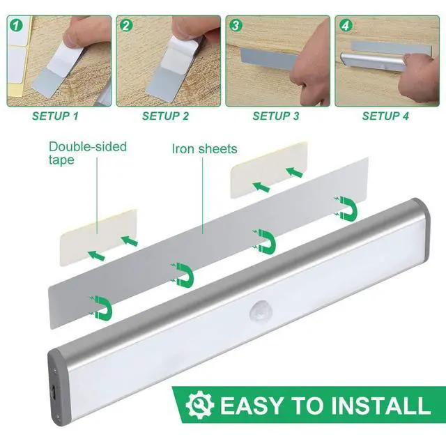 Alt view image 3 of 7 - Wireless Motion Sensor Cabinet Lights 10-LED USB Rechargeable Closet Lights LED Under Cabinet Lighting for Wardrobe/Drawer/Stairs/Cupboard/Counter/Pantry/Stairs,Stick On Anywhere,2 Pack,White Light