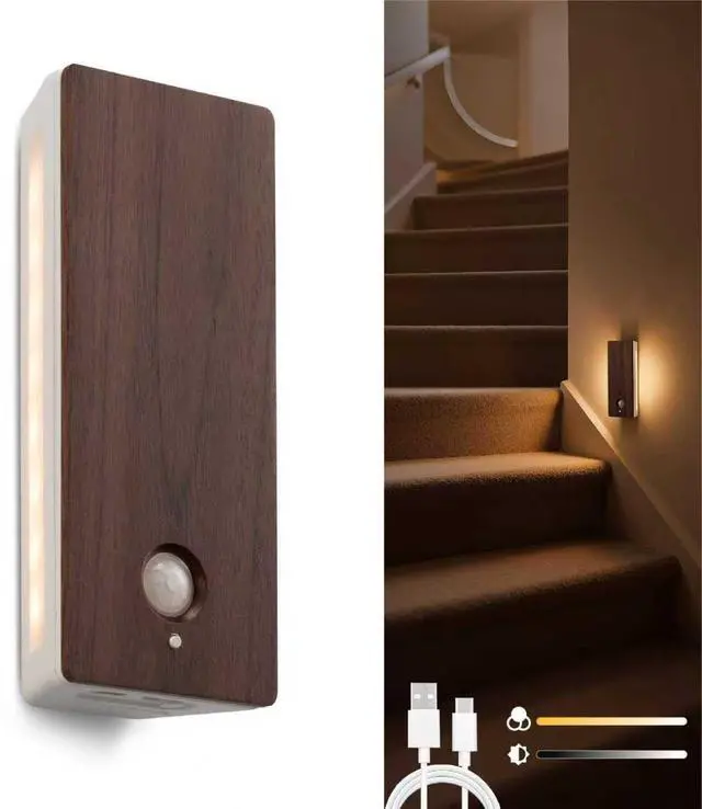 Main image of Wooden Motion Sensor Night Light, LED Backlit Nightlight, Rechargeable Light with Two-Sided Glow for Decor, Magnetic Stick-on, 3CCT Dimmable Lights for Hallway, Bedroom, Stairs