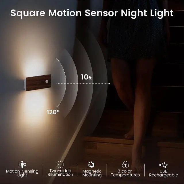 Alt view image 2 of 7 - Wooden Motion Sensor Night Light, LED Backlit Nightlight, Rechargeable Light with Two-Sided Glow for Decor, Magnetic Stick-on, 3CCT Dimmable Lights for Hallway, Bedroom, Stairs