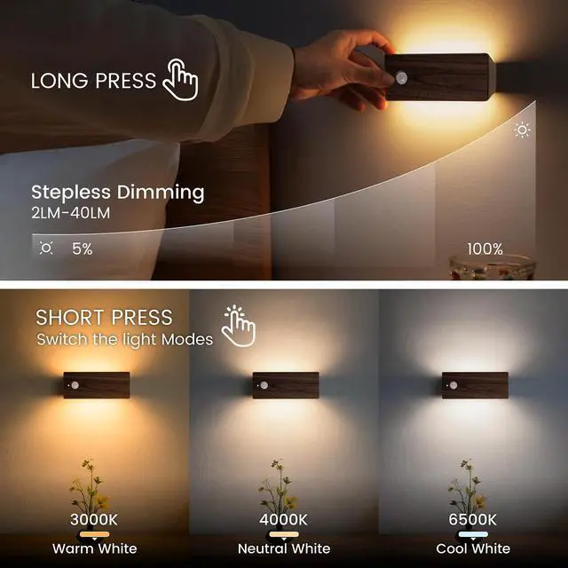 Alt view image 3 of 7 - Wooden Motion Sensor Night Light, LED Backlit Nightlight, Rechargeable Light with Two-Sided Glow for Decor, Magnetic Stick-on, 3CCT Dimmable Lights for Hallway, Bedroom, Stairs