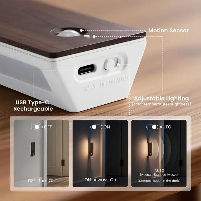Alt view image 5 of 7 - Wooden Motion Sensor Night Light, LED Backlit Nightlight, Rechargeable Light with Two-Sided Glow for Decor, Magnetic Stick-on, 3CCT Dimmable Lights for Hallway, Bedroom, Stairs
