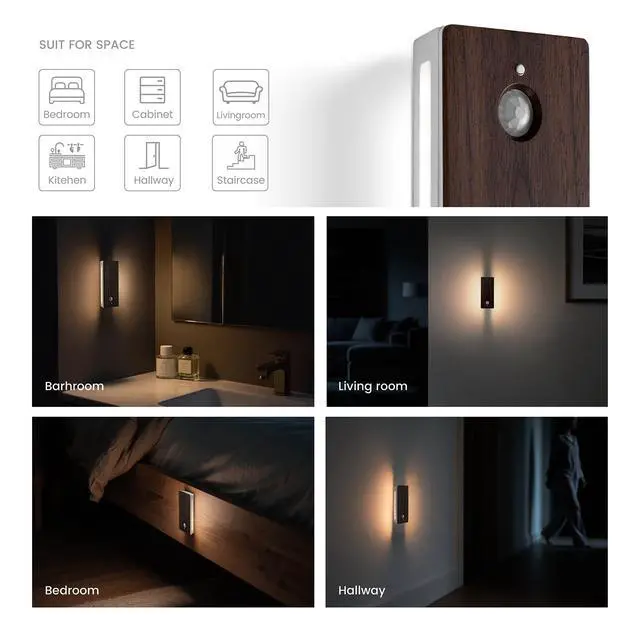 Alt view image 6 of 7 - Wooden Motion Sensor Night Light, LED Backlit Nightlight, Rechargeable Light with Two-Sided Glow for Decor, Magnetic Stick-on, 3CCT Dimmable Lights for Hallway, Bedroom, Stairs