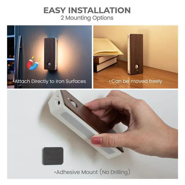 Alt view image 7 of 7 - Wooden Motion Sensor Night Light, LED Backlit Nightlight, Rechargeable Light with Two-Sided Glow for Decor, Magnetic Stick-on, 3CCT Dimmable Lights for Hallway, Bedroom, Stairs