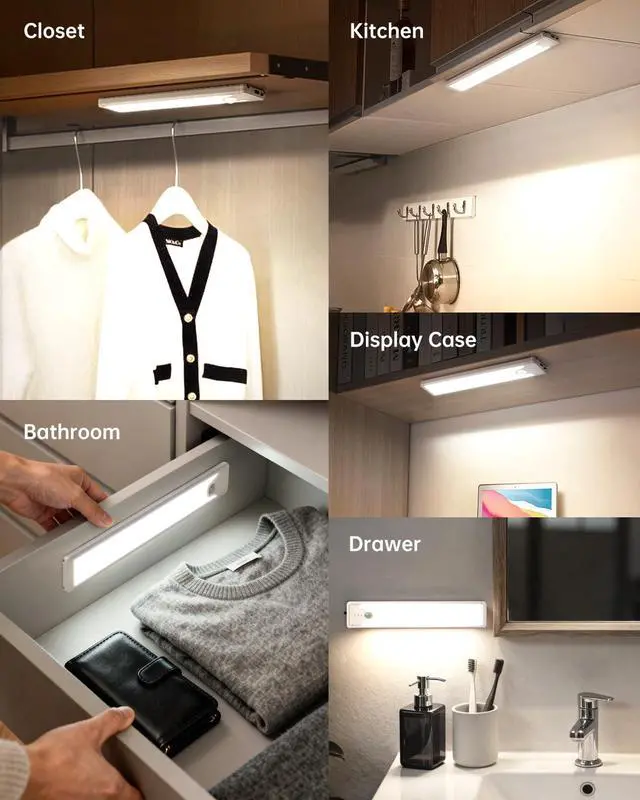 Alt view image 6 of 7 - Under Cabinet Lighting, 5 Pack 8 Inch 41 LED Motion Sensor Lights, Rechargeable Battery Operated Closet Light, Wireless Magnetic Dimmable 6500K Daylight White Under Counter Lights for Kitchen