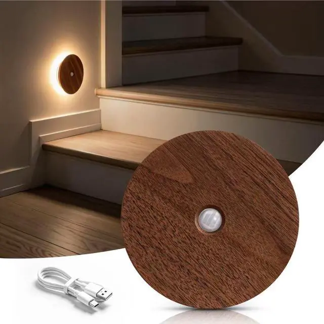 Main image of Motion Sensor Night Light Wood Rechargeable Battery Powered Stick-On Step Lights Magnetic Closet Warm Nightlight for Hallway Bedroom Stair, Black Walnut