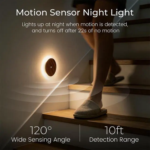 Alt view image 2 of 7 - Motion Sensor Night Light Wood Rechargeable Battery Powered Stick-On Step Lights Magnetic Closet Warm Nightlight for Hallway Bedroom Stair, Black Walnut
