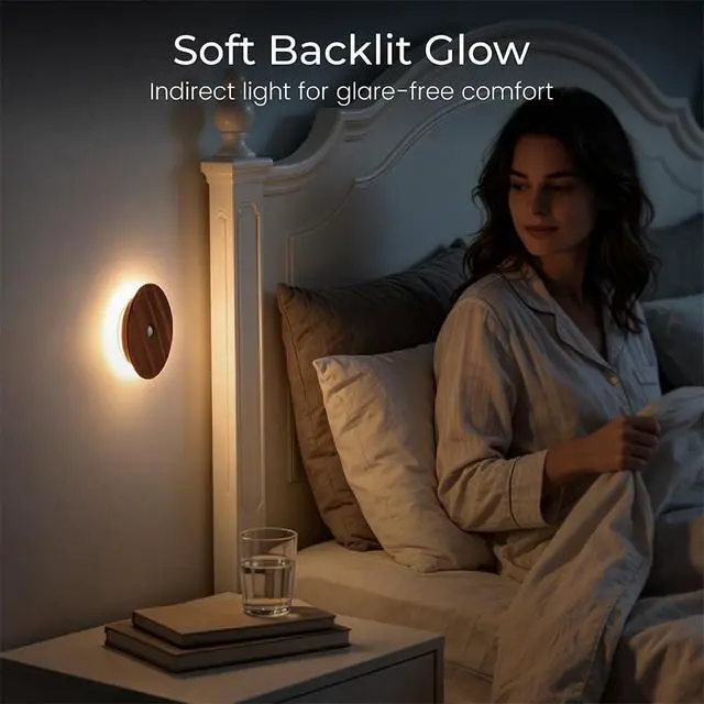 Alt view image 3 of 7 - Motion Sensor Night Light Wood Rechargeable Battery Powered Stick-On Step Lights Magnetic Closet Warm Nightlight for Hallway Bedroom Stair, Black Walnut