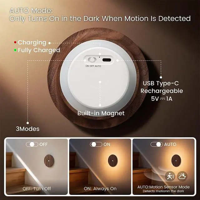 Alt view image 4 of 7 - Motion Sensor Night Light Wood Rechargeable Battery Powered Stick-On Step Lights Magnetic Closet Warm Nightlight for Hallway Bedroom Stair, Black Walnut