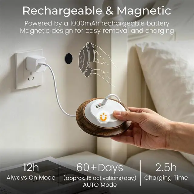 Alt view image 5 of 7 - Motion Sensor Night Light Wood Rechargeable Battery Powered Stick-On Step Lights Magnetic Closet Warm Nightlight for Hallway Bedroom Stair, Black Walnut