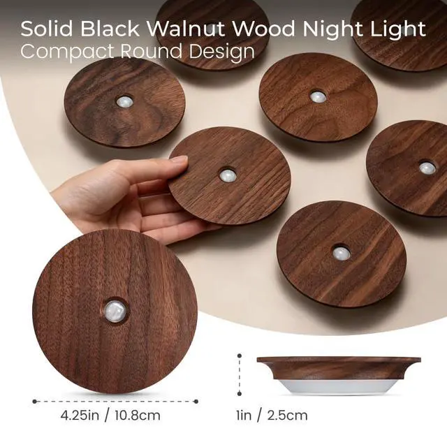 Alt view image 6 of 7 - Motion Sensor Night Light Wood Rechargeable Battery Powered Stick-On Step Lights Magnetic Closet Warm Nightlight for Hallway Bedroom Stair, Black Walnut