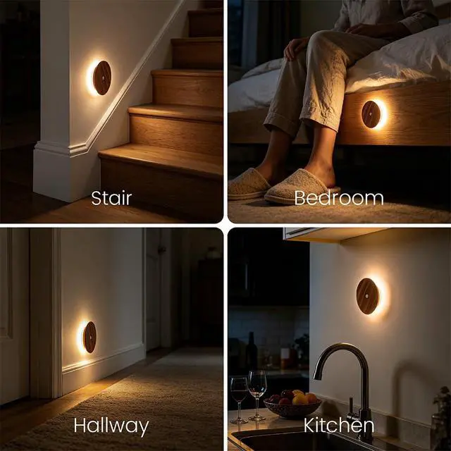 Alt view image 7 of 7 - Motion Sensor Night Light Wood Rechargeable Battery Powered Stick-On Step Lights Magnetic Closet Warm Nightlight for Hallway Bedroom Stair, Black Walnut