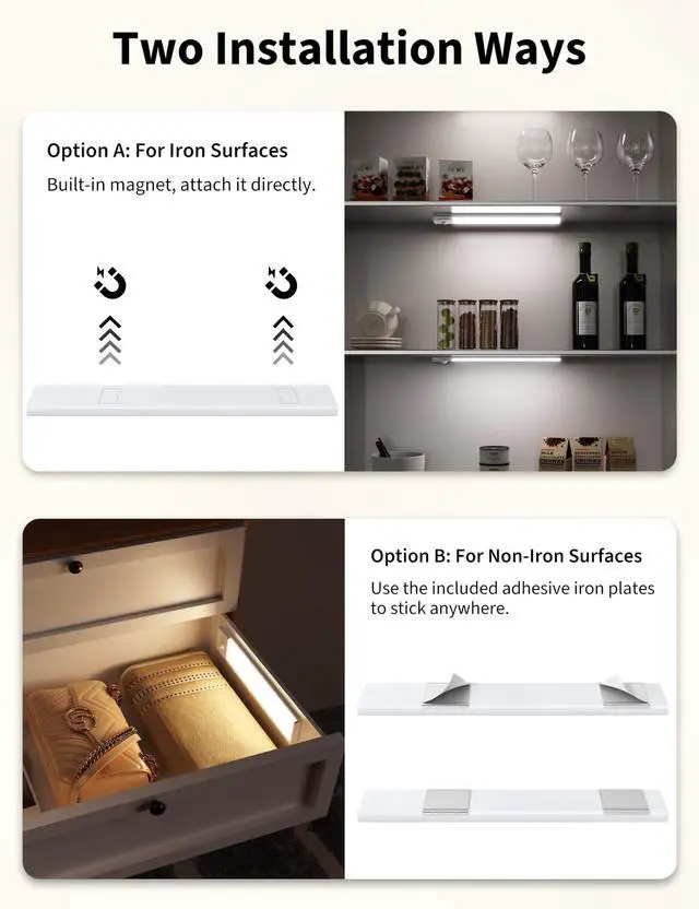 Alt view image 7 of 7 - 2 Pack 66 LED Motion Sensor Closet Lights, 9.2 Rechargeable Under Cabinet Lighting Magnetic Wireless 3 Color Temps & Dimmable Under Counter Light Motion Activated Pantry Light (110 Lumen)