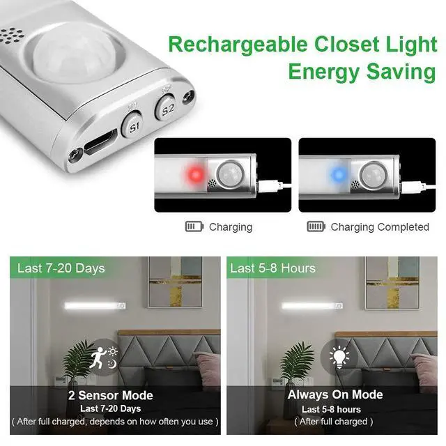 Alt view image 5 of 7 - 160 LED Closet Lights Motion Sensor Under Cabinet Lights Indoor Lighting 3000mAh Battery Powered Light Bar Dimmable Rechargeable Closet Light for Kitchen, Wardrobe, Stairs(1 Pack)