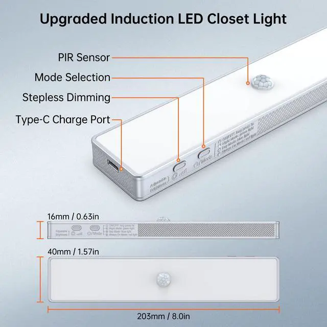 Alt view image 7 of 7 - LED Closet Light, 30LEDs Dimmer USB Rechargeable Motion Sensor Light Under Cabinet Lighting with Remote Control, Wireless Stick-Anywhere Night Safe Light Bar for Wardrobe,Kitchen-2 Pcs