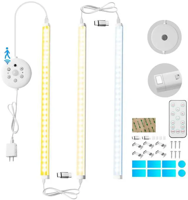Main image of LED Cabinet Lights Bar with Motion Sensor, Dimmable Brightness and Color, IR Remote, Ultra Thin Strips Lighting Magnetic Mounting for Kitchen,Bookshelf,Closet 3Pack
