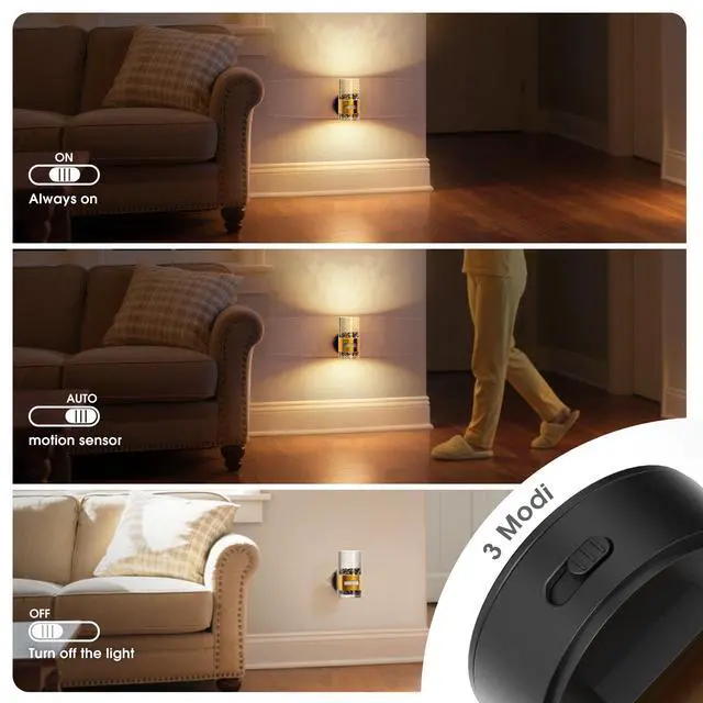 Alt view image 3 of 7 - Motion Sensor Night Light, Wireless Rechargeable Night Light Wall Mounted, 2 Pack Motion Activated Night Lights, Dimmable Nightlight 3000K Warm White, for Bathroom Hallway Stairs